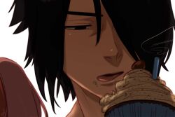 Rule 34 | 1boy, 1girl, black eyes, black hair, candle, ceejles, close-up, commentary, cupcake, english commentary, food, food on face, hair over one eye, haruno sakura, highres, husband and wife, naruto: the last, naruto (series), open mouth, tongue, uchiha sasuke