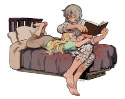 Rule 34 | 2girls, artist name, barefoot, bed, blonde hair, book, brown pants, clinging, closed eyes, commentary, dungeon meshi, english commentary, falin thorden (tallman), feathers, from side, full body, green eyes, green shirt, grey hair, highres, holding, holding book, hug, linktoo doodles, long hair, looking at another, looking up, lying, marcille donato, multiple girls, on bed, on stomach, pants, pointy ears, shirt, short hair, short sleeves, signature, simple background, smile, white background, white shirt, yuri