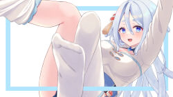 Rule 34 | 1girl, :d, arm up, blue eyes, blue hair, blush, breasts, cleavage, cleavage cutout, clothing cutout, commission, feet, foot focus, hair ornament, ichiki toki, indie virtual youtuber, long hair, long sleeves, looking at viewer, medium breasts, open mouth, outside border, simple background, skeb commission, smile, tassel, tassel hair ornament, tentacle hair, thick eyebrows, thighhighs, virtual youtuber, white thighhighs