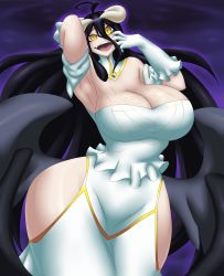 Rule 34 | 1girl, absurdres, albedo (overlord), armpits, bare shoulders, black hair, black wings, breasts, cleavage, collar, cowboy shot, demon girl, dress, elbow gloves, gloves, hair between eyes, highres, hip vent, horns, huge breasts, kyelyn, long hair, looking at viewer, low wings, open mouth, overlord (maruyama), purple background, slit pupils, smile, solo, teeth, tongue, upper teeth only, white dress, white gloves, wings, yellow eyes