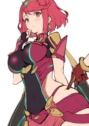 Rule 34 | 1boy, 1girl, blush, breasts, covered navel, earrings, fingerless gloves, gloves, haoni, hip focus, jewelry, large breasts, looking at viewer, nintendo, parted lips, poking, pyra (xenoblade), red eyes, red hair, short hair, short shorts, shorts, simple background, skindentation, sweatdrop, swept bangs, tiara, vambraces, white background, xenoblade chronicles (series), xenoblade chronicles 2