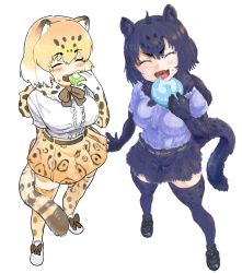Rule 34 | 2girls, ahoge, animal ears, animal print, arm at side, bad id, bad twitter id, belt, black hair, black jaguar (kemono friends), blonde hair, blush, bow, bowtie, breast pocket, breasts, brown hair, cat girl, collaboration, commentary request, eating, elbow gloves, food, food on face, full body, fur scarf, gloves, hair between eyes, hand up, happy, holding, holding food, jaguar (kemono friends), jaguar ears, jaguar girl, jaguar print, jaguar tail, japari bun, kemono friends, medium hair, miniskirt, multicolored hair, multiple girls, ogami tadashina, open mouth, outstretched arm, outstretched hand, pocket, print gloves, print legwear, print scarf, print skirt, purple shirt, scarf, shirt, shoes, short sleeves, simple background, skirt, smile, spread fingers, standing, tail, thighhighs, tmtkn1, v-shaped eyebrows, white background, white hair, white shirt, zettai ryouiki