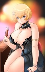 Rule 34 | absurdres, ass, blonde hair, blue eyes, breasts, cup, dress, drinking glass, earrings, girls&#039; frontline, hair ornament, highres, huge ass, jewelry, large breasts, mole, mole on breast, mole under eye, short hair, thighs, vsk-94 (girls&#039; frontline), vsk-94 (night on the silver bay) (girls&#039; frontline), wine glass, xxpulp
