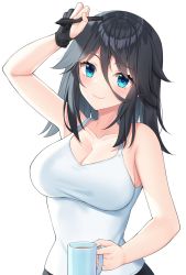 Rule 34 | 1girl, arm up, bare shoulders, black hair, blue eyes, blush, breasts, cleavage, closed mouth, collarbone, commentary, cup, english commentary, fingernails, gloves, hair between eyes, half gloves, hand up, highres, holding, holding cup, holding pen, holding stylus, large breasts, long hair, looking at viewer, original, pen, rynzfrancis, simple background, smile, solo, stylus, tank top, upper body, white background, white tank top