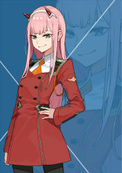 Rule 34 | 10s, darling in the franxx, eyeshadow, green eyes, hairband, hand on own hip, horns, makeup, oni horns, pink hair, red horns, smile, solo, straight hair, uniform, white hairband, yuu (higashi no penguin), zero two (darling in the franxx)