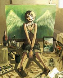 Rule 34 | 1girl, angel wings, art brush, bad id, bad pixiv id, canvas (object), flat chest, original, paint, paintbrush, painting (action), palette (object), ron (mosamosa), short hair, smile, solo, wings