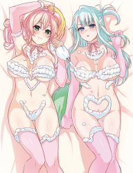 Rule 34 | 2girls, ahoge, aqua eyes, aqua hair, blonde hair, commentary, covered erect nipples, cream, cream on body, cream on breasts, elbow gloves, elbow sleeve, food, gloves, green eyes, hair ornament, hairclip, hajimete no gal, hand in own hair, heart, highres, icing, kotohayashi iris, looking at viewer, lying, macaron, multiple girls, no bra, no panties, nude, nyotaimori, official art, on back, on bed, open mouth, pastry bag, pillow, pink ribbon, ponytail, ribbon, smile, thighhighs, ueno meguru, yame yukana