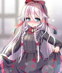 Rule 34 | 1girl, :o, blue eyes, blurry, blurry background, blush, bokeh, bow, braid, brooch, depth of field, dress, floral print, gothic lolita, hair bow, hair flaps, hair ribbon, highres, hinao, ia (vocaloid), jewelry, lolita fashion, long hair, long sleeves, looking at viewer, open mouth, pinafore dress, ribbon, rose print, skirt hold, sleeveless dress, solo, twin braids, very long hair, vocaloid, white hair, window