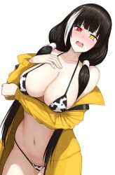 1girl animal_print bikini black_hair blush breasts cleavage coat collarbone commentary commentary_request cow_print cow_print_bikini dutch_angle embarrassed girls&#039;_frontline heterochromia highres large_breasts long_hair looking_at_viewer md5_mismatch multicolored_hair navel open_clothes open_coat open_mouth print_bikini red_eyes resolution_mismatch ro635_(girls&#039;_frontline) simple_background solo source_larger streaked_hair sumi_ojie swimsuit teeth two-tone_hair upper_teeth_only white_background white_hair yellow_coat yellow_eyes