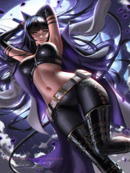 Rule 34 | 1girl, animal ears, armpits, arms up, belt, black choker, black gloves, black hair, blake belladonna, boots, breasts, breasts apart, broken moon, bustier, cat ears, choker, closed mouth, coat, elbow gloves, gloves, gluteal fold, highres, liang xing, lips, long hair, looking at viewer, medium breasts, midriff, moon, navel, night, open clothes, open coat, pants, rwby, signature, solo, thigh boots, thighhighs, tight clothes, tight pants, watermark, web address, yellow eyes, zipper, zipper pull tab