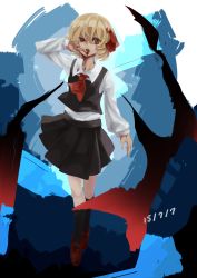 Rule 34 | 1girl, blonde hair, blood, blood on clothes, blood on hands, dated, gradient background, hair ribbon, highres, kamiya suzume, open mouth, red eyes, ribbon, rumia, shiroi suzume, shirt, short hair, skirt, solo, touhou, vest