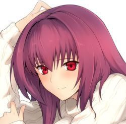Rule 34 | 1girl, blush, close-up, closed mouth, fate/grand order, fate (series), halcon, long hair, long sleeves, looking at viewer, portrait, purple hair, red eyes, ribbed sweater, scathach (fate), shiny skin, simple background, smile, solo, sweater, turtleneck, turtleneck sweater, white background