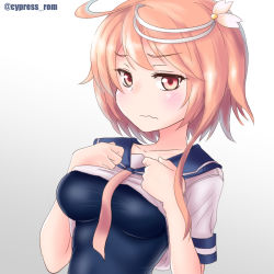 Rule 34 | 1girl, ahoge, blue one-piece swimsuit, breasts, clothes lift, commentary request, cypress, embarrassed, gradient background, grey background, hair ornament, i-58 (kancolle), kantai collection, lifted by self, looking at viewer, medium breasts, neckerchief, necktie, one-piece swimsuit, pink eyes, pink hair, pink neckwear, sailor collar, sailor shirt, school swimsuit, school uniform, serafuku, shirt, shirt lift, short hair, solo, swimsuit, swimsuit under clothes, twitter username, upper body, wavy mouth, white background