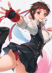 Rule 34 | 1girl, ankle boots, ass, blush, boots, breasts, brown hair, capcom, commentary request, fingerless gloves, gloves, headband, headset, highres, kasugano sakura, leg up, looking at viewer, looking back, medium breasts, mhk (mechamania), necktie, panties, parted lips, petals, pink necktie, purple eyes, red gloves, red headband, red panties, shiny skin, short sleeves, simple background, skirt, sleeves rolled up, smile, solo, street fighter, street fighter v, thighs, tomboy, turtleneck, underwear, upskirt
