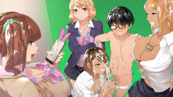 Rule 34 | 1boy, 4girls, angry, arm grab, blonde hair, blue eyes, blush, bow, bowtie, breasts, brown hair, caressing testicles, cellphone, censored, cleavage, clenched teeth, crying, cum, cum on hair, embarrassed, eyebrows hidden by hair, facial, folded ponytail, from above, glasses, green eyes, gyaru x batsu game + inkya = harem!?, handjob, handjob with panties, highres, holding, holding phone, indoors, jacket, large breasts, legs, mole, mole under eye, mole under mouth, mosaic censoring, multiple girls, navel, open mouth, orange eyes, original, panties, panties on penis, penis, phone, recording, school uniform, short hair, skirt, squatting, standing, tamabon (koutetsu shabondama), tears, teeth, testicles, thighs, topless, twintails, underwear, undressing, v-shaped eyebrows, vest
