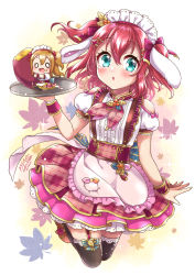 Rule 34 | 2girls, animal ears, apron, aqua bow, aqua eyes, artist name, artist request, back bow, bare shoulders, black legwear, blush, boots, bow, breasts, brown footwear, brown hair, center frills, checkered clothes, checkered skirt, chibi, clothing cutout, dress, female focus, floating hair, frilled dress, frilled legwear, frills, full body, garter straps, green eyes, hair between eyes, hair bobbles, hair bow, hair ornament, hairband, hairclip, highres, holding, holding plate, kunikida hanamaru, kurosawa ruby, leaf hair ornament, lolita hairband, looking at viewer, love live!, love live! school idol festival, love live! sunshine!!, multiple girls, neckerchief, o o, parted lips, pink bow, pink skirt, plate, puffy short sleeves, puffy sleeves, purple bow, purple wrist cuffs, red hair, red skirt, red wrist cuffs, short hair, short sleeves, shoulder cutout, single garter strap, skirt, smile, striped, striped bow, twintails, two side up, white apron, white background, white dress, white hairband, wrist cuffs, yellow leaves