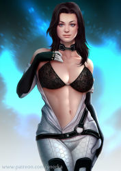Rule 34 | 1girl, black bra, black hair, blue eyes, bodysuit, bra, breasts, choker, cleavage, commentary, facing viewer, lace, lace-trimmed bra, lace trim, large breasts, lips, long hair, looking at viewer, mass effect (series), mass effect 2, miranda lawson, navel, off shoulder, patreon username, realistic, solo, stomach, toned, underwear, undressing, watermark, web address, ynorka chiu