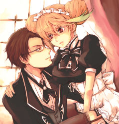 Rule 34 | alternate costume, alternate hairstyle, alvin (tales), bad id, bad pixiv id, bespectacled, blonde hair, brown eyes, brown hair, brown legwear, corset, double bun, glasses, indoors, maid, maid headdress, milla maxwell, necktie, official alternate costume, red eyes, short hair, skirt, smile, suzuka (once), tales of (series), tales of xillia, thigh strap, thighhighs, window