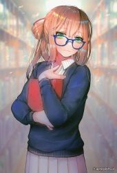 Rule 34 | 1girl, alternate costume, blue-framed eyewear, blue sweater, blurry, blush, book, breasts, brown hair, collared shirt, confetti, depth of field, girls&#039; frontline, glasses, green eyes, hair between eyes, hair ribbon, hair rings, hanato (seonoaiko), hand on own chest, head tilt, highres, holding, holding book, large breasts, library, light particles, long hair, looking at viewer, pleated skirt, ponytail, ribbon, shirt, sidelocks, skirt, smile, solo, springfield (girls&#039; frontline), striped clothes, striped shirt, sweater, twitter username, upper body, white shirt, white skirt