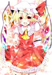 Rule 34 | 1girl, ascot, blonde hair, blush, crystal, fang, female focus, flandre scarlet, frills, hat, hat ribbon, highres, kurekore, open mouth, puffy sleeves, red eyes, ribbon, salute, short hair, short sleeves, side ponytail, solo, touhou, wings, wrist cuffs