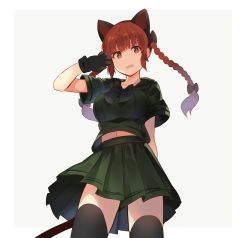 Rule 34 | 1girl, alternate costume, animal ears, arm behind back, arm up, black bow, black gloves, black neckwear, black thighhighs, border, bow, braid, breasts, cat ears, cat tail, collarbone, commentary request, contemporary, cowboy shot, falken (yutozin), gloves, green sailor collar, green serafuku, green skirt, grey background, hair bow, highres, kaenbyou rin, large breasts, long hair, looking at viewer, midriff peek, miniskirt, navel, one-hour drawing challenge, open mouth, outside border, pleated skirt, red eyes, red hair, sailor collar, school uniform, serafuku, short sleeves, sidelocks, simple background, skirt, skirt set, smile, solo, standing, tail, thighhighs, thighs, touhou, twin braids, twintails, white border, zettai ryouiki