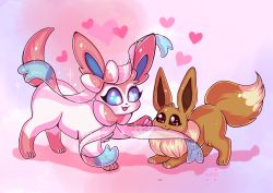 Rule 34 | :d, biting, blue eyes, brown eyes, commentary, creature, creatures (company), eevee, english commentary, eye contact, eyelashes, fangs, flufflixx, full body, game freak, gen 1 pokemon, gen 6 pokemon, happy, heart, looking at another, mouth hold, nintendo, no humans, open mouth, pink background, pokemon, pokemon (creature), shadow, signature, simple background, smile, standing, star (symbol), sylveon