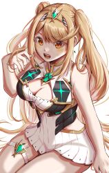 Rule 34 | 1girl, absurdres, alternate hairstyle, arm support, blonde hair, breasts, cleavage cutout, clothing cutout, highres, large breasts, legs, long hair, mythra (xenoblade), open mouth, sitting, solo, thighs, twintails, twintails day, xenoblade chronicles (series), xenoblade chronicles 2, yellow eyes