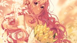 Rule 34 | 1girl, :o, bouquet, breasts, cleavage, commission, flower, head tilt, heart, highres, holding, holding bouquet, long hair, looking at viewer, mole, mole on breast, nini yuuna, off-shoulder sweater, off shoulder, pink eyes, pink hair, sakai eri (illustratoreri), solo, sweater, tsunderia, upper body, virtual youtuber, yellow flower