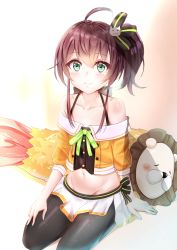 Rule 34 | 1girl, absurdres, ahoge, animal-shaped pillow, black pantyhose, brown hair, camisole, closed mouth, collarbone, ebi frion (matsuri channel), green eyes, groin, highres, hololive, looking at viewer, midriff, natsuiro matsuri, natsuiro matsuri (1st costume), navel, pantyhose, pinstripe camisole, pinstripe pattern, ribbon, seiza, short hair, side ponytail, sitting, smile, solo, striped, toratora (nanahaba), virtual youtuber, white background