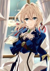 Rule 34 | 1girl, ahoge, blonde hair, blue eyes, blue jacket, blurry, blurry foreground, dress, floating hair, hair intakes, highres, jacket, long hair, looking at viewer, parted lips, solo, tsuji643163271, upper body, violet evergarden, violet evergarden (series), white dress, white neckwear