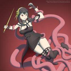 Rule 34 | 1girl, black dress, black footwear, black hair, boots, breasts, clothes lift, dress, dress lift, earrings, female focus, high heels, highres, interspecies, jewelry, large breasts, pussy, rape, red eyes, restrained, spy x family, tentacle monster, tentacle sex, tentacles, tentacles under clothes, the tentacle professor, thigh boots, veins, weapon, yor briar