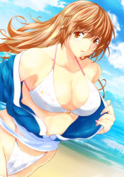 Rule 34 | 1girl, beach, bikini, bikini under clothes, blue sky, blush, breasts, brown eyes, brown hair, cleavage, cloud, cloudy sky, collarbone, commentary request, day, dead or alive, dead or alive xtreme, floral print, hair down, japanese clothes, kasumi (doa), kettsu, large breasts, long hair, looking at viewer, ninja, o-ring, o-ring bikini, open clothes, outdoors, parted lips, print bikini, sand, sash, sky, solo, standing, swimsuit, white bikini
