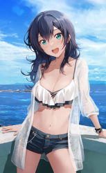 Rule 34 | 1girl, aqua eyes, arm support, bangle, bikini, bikini top only, black hair, blue sky, bracelet, breasts, chain, cleavage, cloud, cloudy sky, collarbone, cowboy shot, cross-laced clothes, day, denim, denim shorts, frilled bikini, frills, hair between eyes, happy, highres, jewelry, leaning back, long hair, looking at viewer, medium breasts, navel, ocean, open mouth, original, outdoors, shamakho, short shorts, shorts, sky, smile, solo, standing, stomach, swimsuit, two-tone bikini, white bikini, wristband