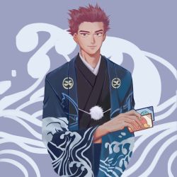 Rule 34 | 1boy, black kimono, blue jacket, closed mouth, commentary request, creatures (company), eiz pm, fingernails, game freak, grey background, grey eyes, haori himo, highres, holding, jacket, japanese clothes, kimono, lance (new year&#039;s 2021) (pokemon), lance (pokemon), male focus, new year, nintendo, official alternate costume, open clothes, open jacket, pokemon, pokemon masters ex, red hair, short hair, sideways glance, smile, solo, spiked hair, wave print