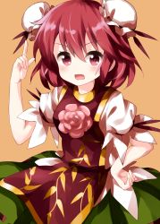 Rule 34 | 1girl, brown background, chinese clothes, cowboy shot, cuffs, double bun, flower, green skirt, hair between eyes, hair bun, hand on own hip, highres, ibaraki kasen, index finger raised, looking at viewer, open mouth, pink flower, pink rose, red eyes, red hair, rose, ruu (tksymkw), shackles, shirt, short hair, short sleeves, simple background, skirt, solo, standing, tabard, touhou, v-shaped eyebrows, white shirt