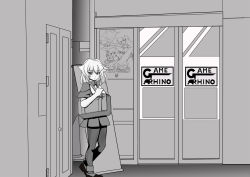 Rule 34 | 1girl, alternate hairstyle, aq interactive, arcade, arcana heart, arcana heart 3, bag, bow, bowtie, examu, looking at viewer, monochrome, open mouth, pantyhose, parted lips, pleated skirt, scharlachrot, school uniform, shoulder bag, skirt, weiss