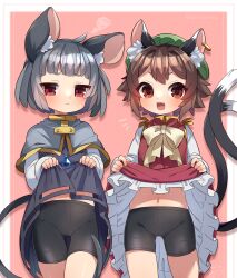 Rule 34 | 2girls, :&lt;, :3, :d, animal ear fluff, animal ears, bike shorts, blush, border, brown hair, capelet, cat ears, cat tail, chen, clothes lift, commission, dress, dress lift, earrings, green headwear, grey hair, hat, heart, highres, ibaraki natou, jewelry, lifting own clothes, lifting another&#039;s clothes, mouse ears, mouse tail, multiple girls, multiple tails, nazrin, nekomata, notice lines, open mouth, outside border, pink background, shorts, single earring, skeb commission, skirt, skirt hold, skirt lift, smile, squiggle, tail, touhou, two tails, white border