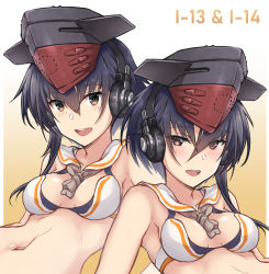 Rule 34 | 1girl, adapted costume, asymmetrical hair, bikini, black hair, breasts, brown eyes, character name, edwin (cyberdark impacts), gradient background, hair between eyes, hat, headphones, highres, i-13 (kancolle), i-14 (kancolle), kantai collection, looking at viewer, open mouth, sailor bikini, sailor collar, short hair, small breasts, smile, solo, swimsuit, teeth, upper body, upper teeth only, white sailor collar