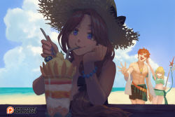 Rule 34 | 1boy, 2girls, :d, alternate costume, arm up, bare arms, bare shoulders, beach, bead bracelet, beads, belt, bikini, black bow, black shorts, blonde hair, blue nails, blue sky, bow, bracelet, brown hair, cloud, commentary, cowboy shot, cup, day, drinking, drinking glass, drinking straw, grabbing another&#039;s ear, eating, fire emblem, fire emblem: three houses, green bikini, green little, green shorts, hair bow, hand on another&#039;s ear, hands up, hat, holding, holding polearm, holding spear, holding weapon, ingrid brandl galatea, jewelry, long hair, mercedes von martritz, multiple girls, nail polish, nintendo, open mouth, orange hair, outdoors, parfait, polearm, purple eyes, short hair, shorts, sky, smile, spear, standing, sun hat, sunglasses, swimsuit, sylvain jose gautier, topless male, upper body, weapon
