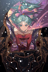 Rule 34 | 1girl, aqua eyes, aqua hair, beads, bow, breasts, cape, closed mouth, collarbone, detached sleeves, dress, final fantasy, final fantasy vi, hair bow, highres, jewelry, long hair, looking at viewer, necklace, okazaki oka, purple bow, red dress, red sleeves, small breasts, solo, strapless, strapless dress, tassel, tina branford