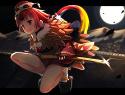 Rule 34 | 1girl, benienma (fate), fate/grand order, fate (series), feather trim, geta, gradient hair, hat, highres, low ponytail, minowa sukyaru, mountainous horizon, multicolored hair, on roof, open mouth, platform clogs, sheath, solo, tabi, wide sleeves