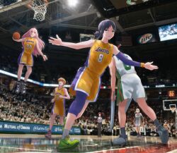 Rule 34 | 2boys, 5girls, absurdres, american flag, arm warmers, audience, ball, basketball (object), basketball court, basketball hoop, basketball jersey, black hair, blonde hair, brown eyes, chainsaw man, commentary, cosplay, crossover, denji (chainsaw man), dwyane wade, english commentary, grin, hair ornament, hairclip, higashiyama kobeni, highres, himeno (chainsaw man), holding, holding ball, horns, indoors, jumping, kanpaithighs, katana, katana man (chainsaw man), knee pads, kobe bryant, kobe bryant (cosplay), lebron james, long hair, looking up, los angeles lakers, makima (chainsaw man), miller lite, milwaukee bucks, mole, mole under mouth, multiple boys, multiple girls, name connection, national basketball association, nike (company), number print, open mouth, outstretched arms, parted lips, people, photo-referenced, photo background, pink hair, playing sports, power (chainsaw man), real life, red eyes, red hair, referee, reflective floor, running, sawatari akane (chainsaw man), shaquille o&#039;neal, shaquille o&#039;neal (cosplay), shoes, short hair, short ponytail, single arm warmer, single knee pad, slam dunk (basketball), smile, sneakers, sportswear, stadium, sword, weapon, wristband