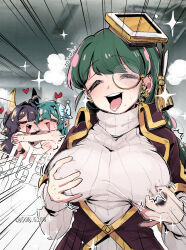 3girls ahoge an_sin artist_name black_hair blue_bow blush bow breasts cape closed_eyes commentary earrings emphasis_lines fang grabbing_another&#039;s_breast grabbing_own_breast green_hair groping hair_bow hair_intakes hat heart highres hiiragi_utena himejoshi horns imagining jewelry large_breasts long_hair magia_azure magia_baiser mahou_shoujo_ni_akogarete minakami_sayo mole mole_under_mouth momomori_momo monocle mortarboard motion_lines multiple_girls nipple_stimulation nipple_tweak nude open_mouth pantano_pesca saliva shipping_(fandom) sparkle sweat sweater teeth tongue tongue_out upper_teeth_only white_sweater yellow_hat yuri