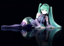 Rule 34 | 1girl, :o, bare shoulders, black background, boots, detached sleeves, green eyes, green hair, hatsune miku, hip focus, kyokucho, long hair, lying, matching hair/eyes, necktie, on side, reflection, reflective floor, simple background, skirt, solo, thigh boots, thighhighs, twintails, vocaloid, zettai ryouiki