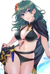 Rule 34 | 1girl, bikini, black bikini, black cape, blue eyes, blue hair, blush, breasts, byleth (female) (fire emblem), byleth (female) (summer) (fire emblem), byleth (fire emblem), cape, cleavage, closed mouth, collarbone, commentary request, cowboy shot, dagger, eyebrows hidden by hair, fire emblem, fire emblem: three houses, fire emblem heroes, flower, gluteal fold, groin, hair between eyes, hair flower, hair ornament, highres, kasu (96ks 3h), knife, large breasts, long hair, looking at viewer, midriff, navel, nintendo, official alternate costume, sheath, sheathed, sidelocks, simple background, single bare shoulder, smile, solo, standing, standing on one leg, swimsuit, thigh gap, twitter username, weapon, white background, wristband