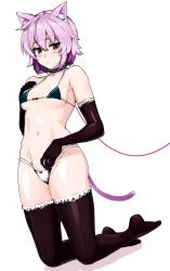 Rule 34 | 10s, 1girl, bare shoulders, black bra, black thighhighs, blush, bow, bow panties, bra, breasts, choker, elbow gloves, feet, frilled thighhighs, frills, gloves, groin, kantai collection, kneeling, looking at viewer, navel, no shoes, panties, purple hair, red eyes, ruuto (sorufu), shiny skin, short hair, simple background, solo, tama (kancolle), thighhighs, underboob, underwear, white background, white panties