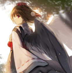 Rule 34 | 1girl, alternate costume, alternate eye color, black hair, black wings, blurry, blurry background, commentary request, cowboy shot, feathered wings, from behind, fuepo, hair between eyes, hat, highres, japanese clothes, kimono, kourindou tengu costume, light particles, long sleeves, looking at viewer, looking back, obi, pom pom (clothes), profile, purple eyes, red sash, revision, ribbon-trimmed sleeves, ribbon trim, sash, shameimaru aya, short hair, solo, tassel, tokin hat, touhou, white background, white kimono, wide sleeves, wings