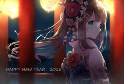 Rule 34 | 1girl, blue eyes, brown hair, hair ornament, happy new year, highres, japanese clothes, kimono, lantern, long hair, new year, nonono (nononotea), nononon, original, ponytail, smile, solo
