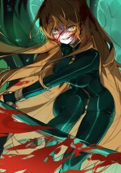 Rule 34 | 1girl, absurdres, aqua wings, bladed tonfa, blood, blood in hair, blood on face, bodysuit, e.g.o (project moon), gloves, green bodysuit, green gloves, highres, holding, holding weapon, ishmael (project moon), limbus company, long hair, looking at viewer, orange hair, parted lips, project moon, rw0419, sidelocks, smile, solo, very long hair, weapon, wide-eyed, wingbeat (e.g.o), yellow eyes