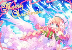 Rule 34 | 1girl, :d, angel wings, aqua eyes, blonde hair, blush, bow, box, braid, character request, christmas, dress, gift, gift box, hair bow, hair ornament, hat, hibi89, holding, holding gift, layered dress, long hair, looking at viewer, merc storia, merry christmas, open mouth, santa hat, sidelocks, smile, solo, twin braids, upper body, very long hair, white bow, white dress, white hat, wings